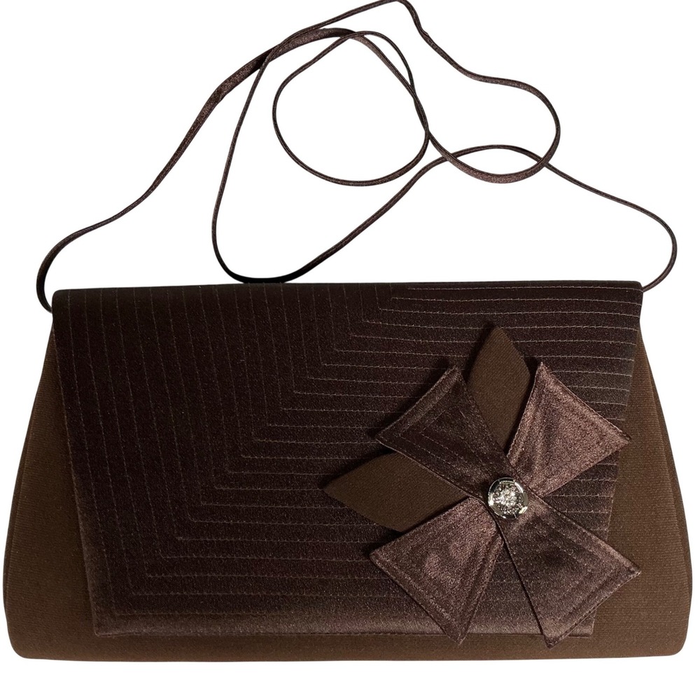 ML Studio Brown Satin Evening Clutch Bag Rhinestone Bow‎ Accent Shoulder Strap